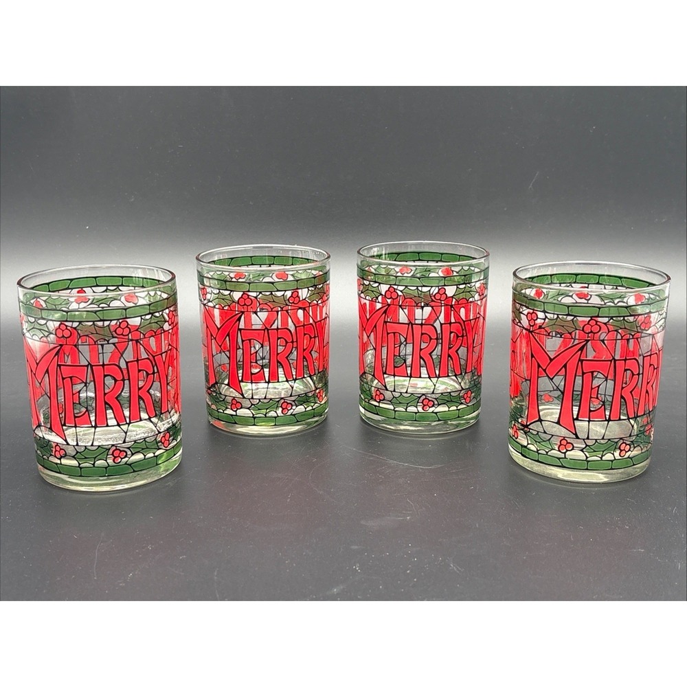 Set of 4 Vintage Cera Houze Merry Christmas Stained Glass Lowball Glasses MCM